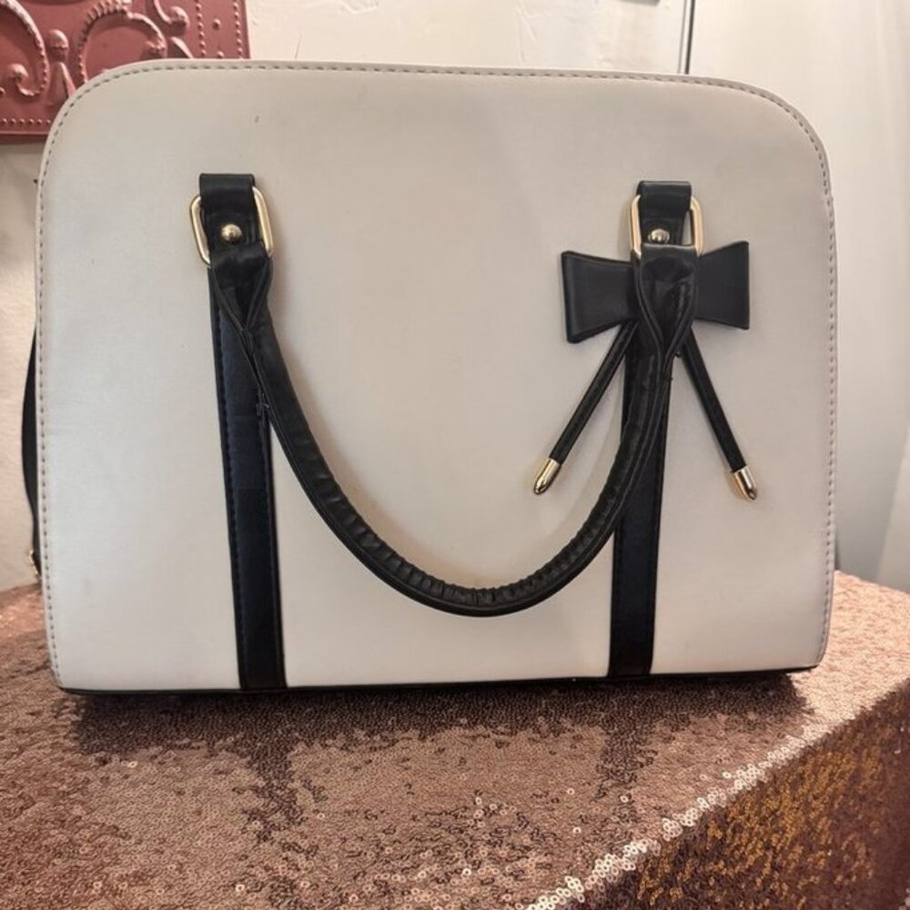 Coofit Purse Bag Jackie Kennedy Soft Leather Bow Cream Black